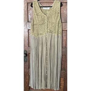 Vtg Venezia Vitale Sage Green Button Front Crochet Jumper Maxi Dress Sz L Boho